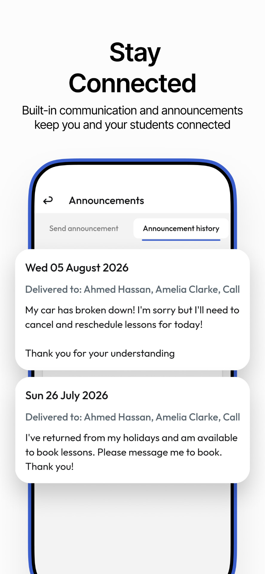 Announcements screen showing messages sent to all students