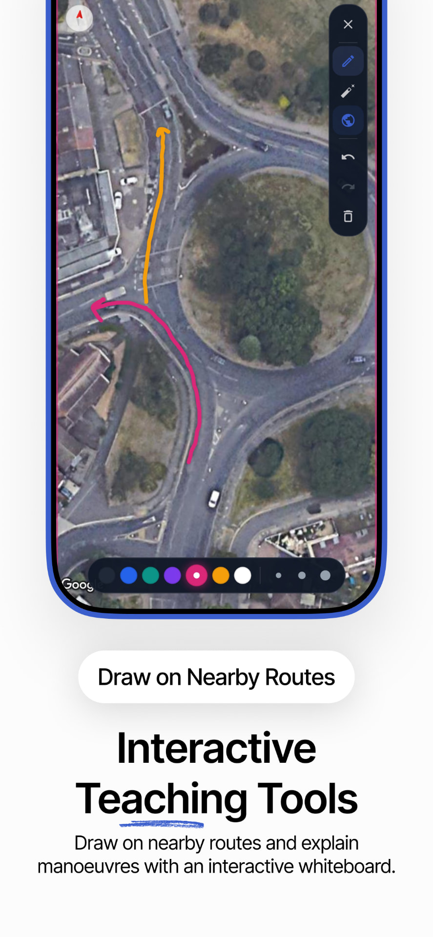Interactive teaching tools: drawing manoeuvre arrows over a satellite view of a roundabout