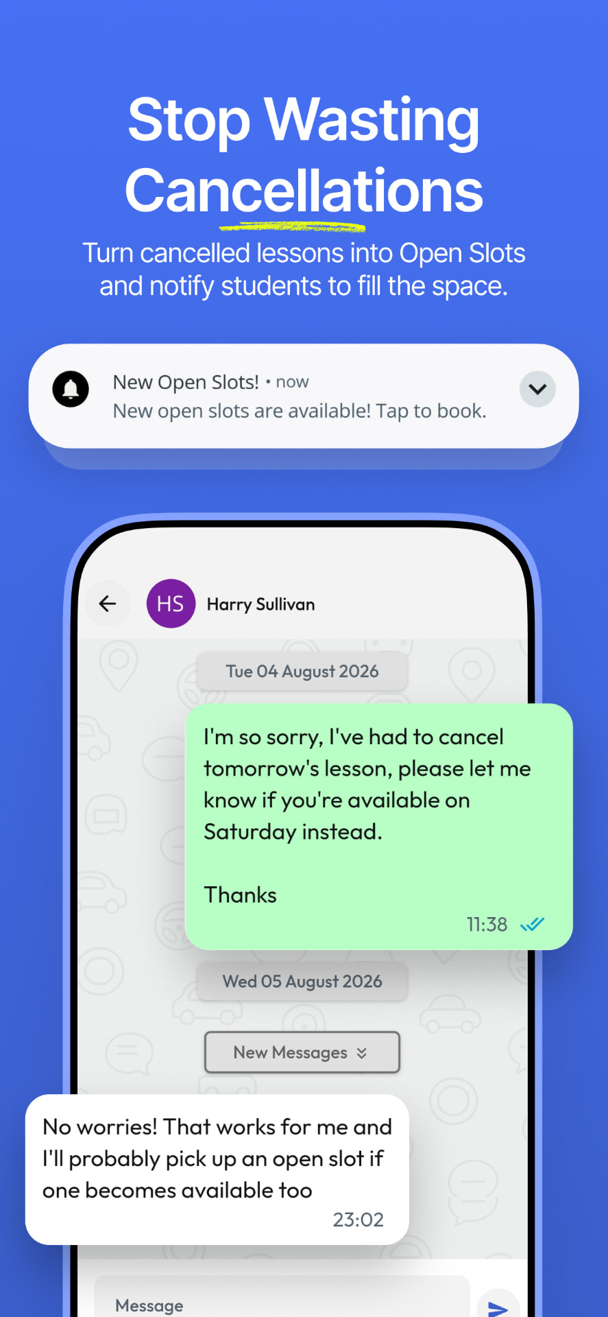 Open slots notification and instructor messaging thread with a student
