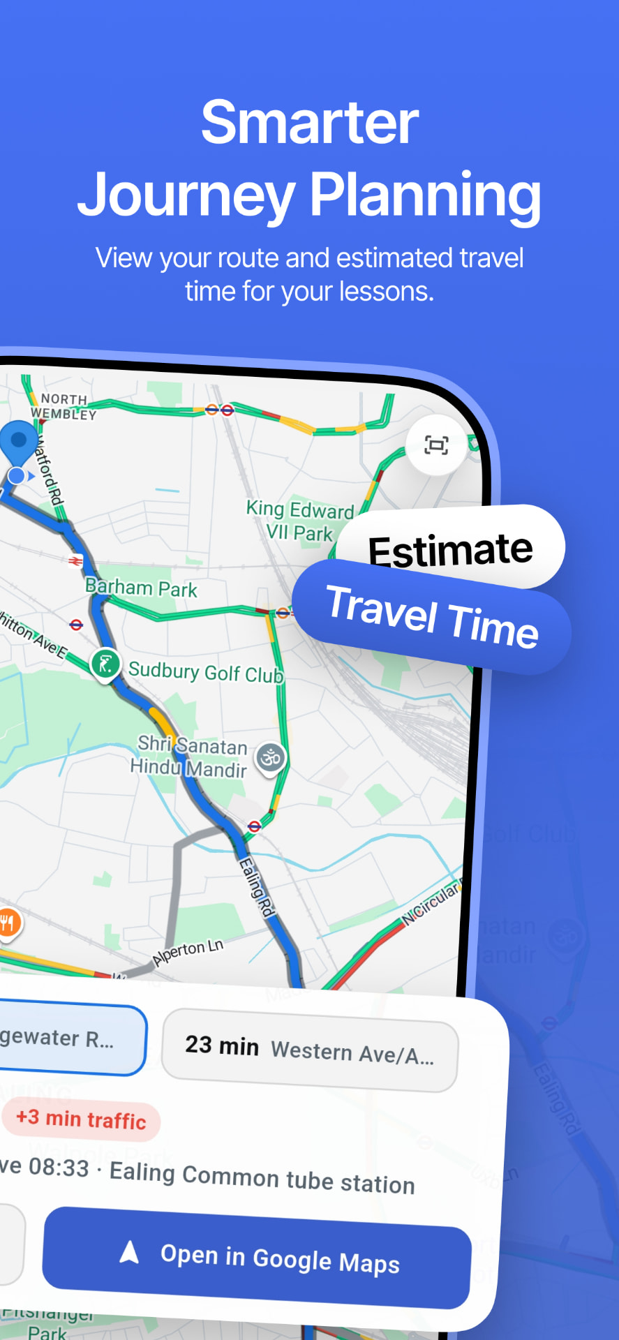 Journey planning screen with a mapped route and estimated travel time to the next lesson