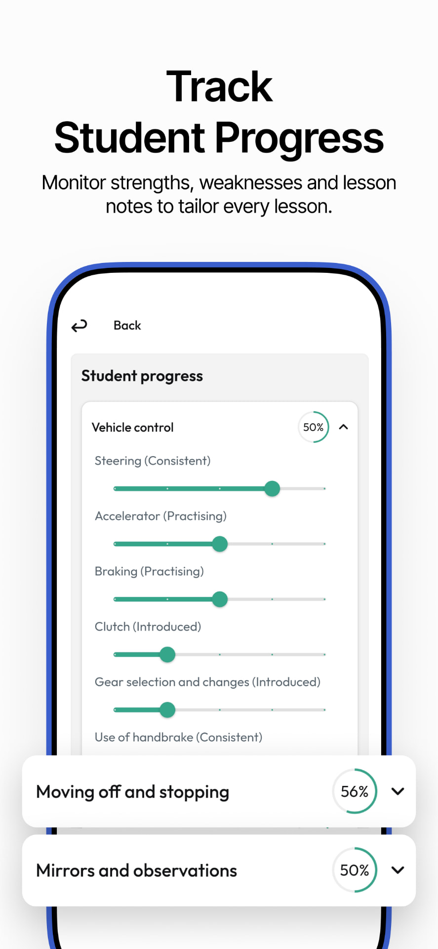 Student progress screen with sliders for vehicle control, moving off and mirrors