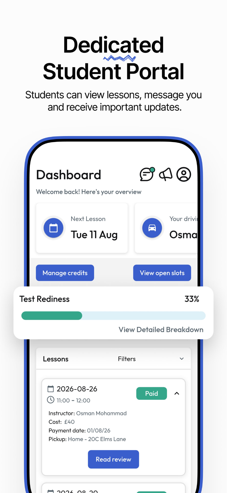 Student portal dashboard showing next lesson, credits, test readiness and lesson history