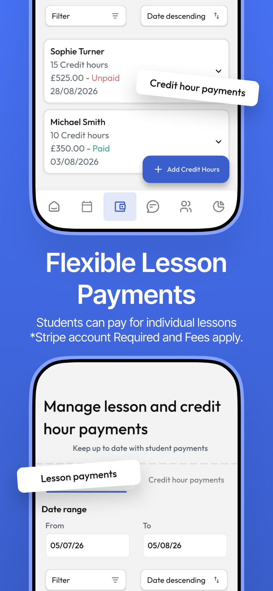 Lesson and credit hour payments screen listing paid and unpaid student balances